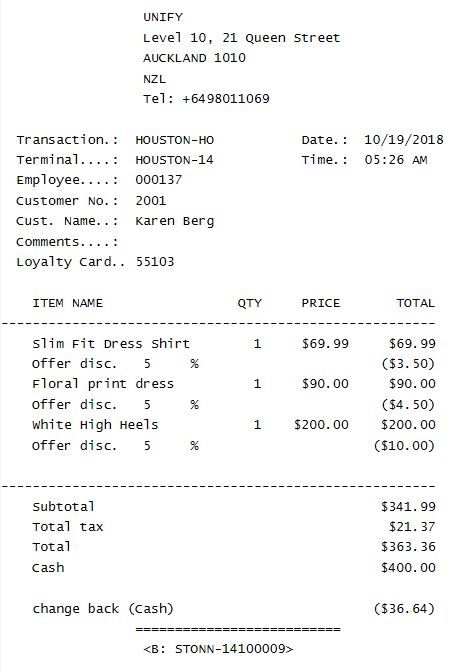 Receipt of Sale Transaction for Loyalty member on Dynamics 365 for Retail POS, D365 Sales Receipt
